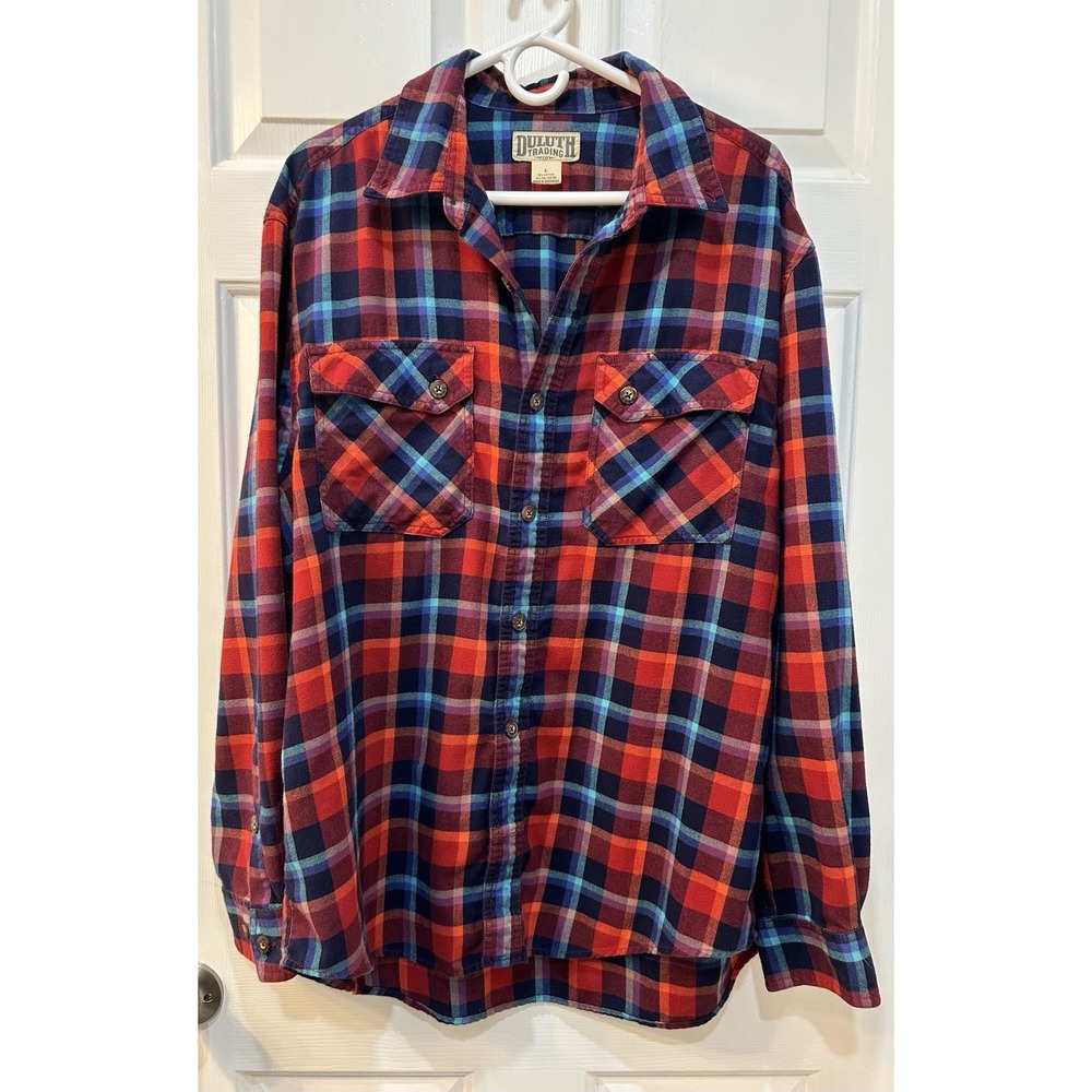 Duluth Trading Co Men's Sz L Red Blue Plaid Flannel Button Front Lumberjack